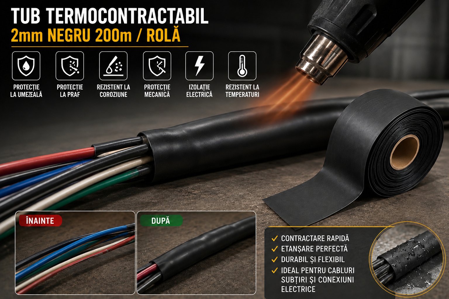 Tub termocontractabil aplicat pe cabluri electrice