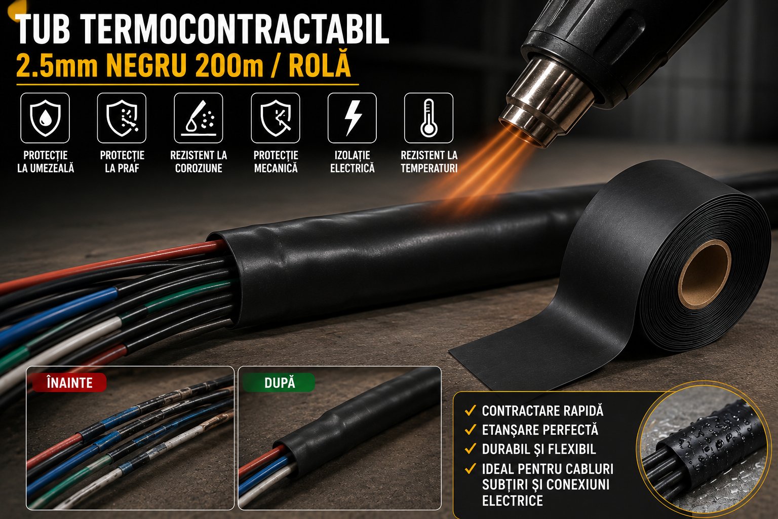 Tub termocontractabil aplicat pe cabluri electrice