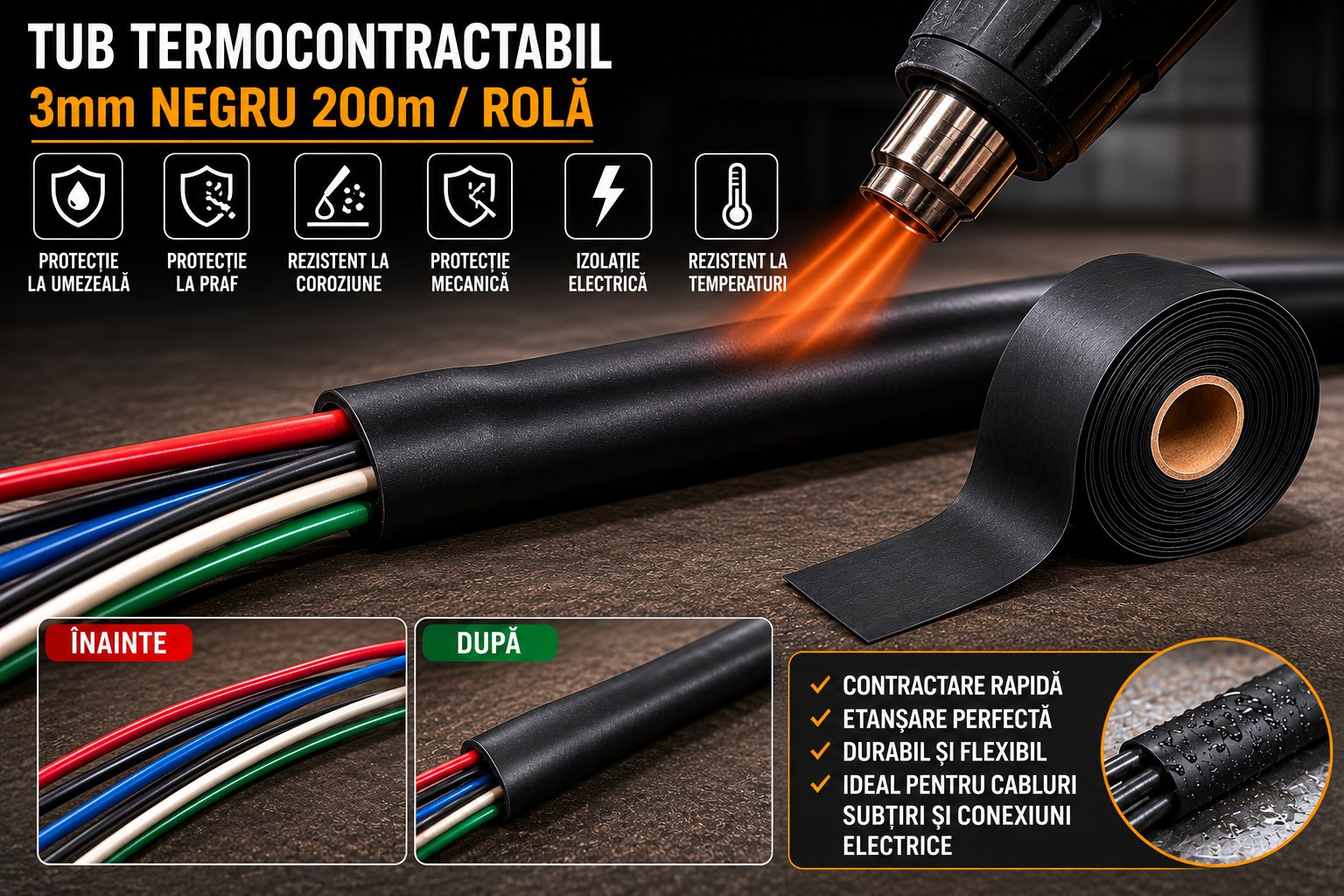 Tub termocontractabil aplicat pe cabluri electrice