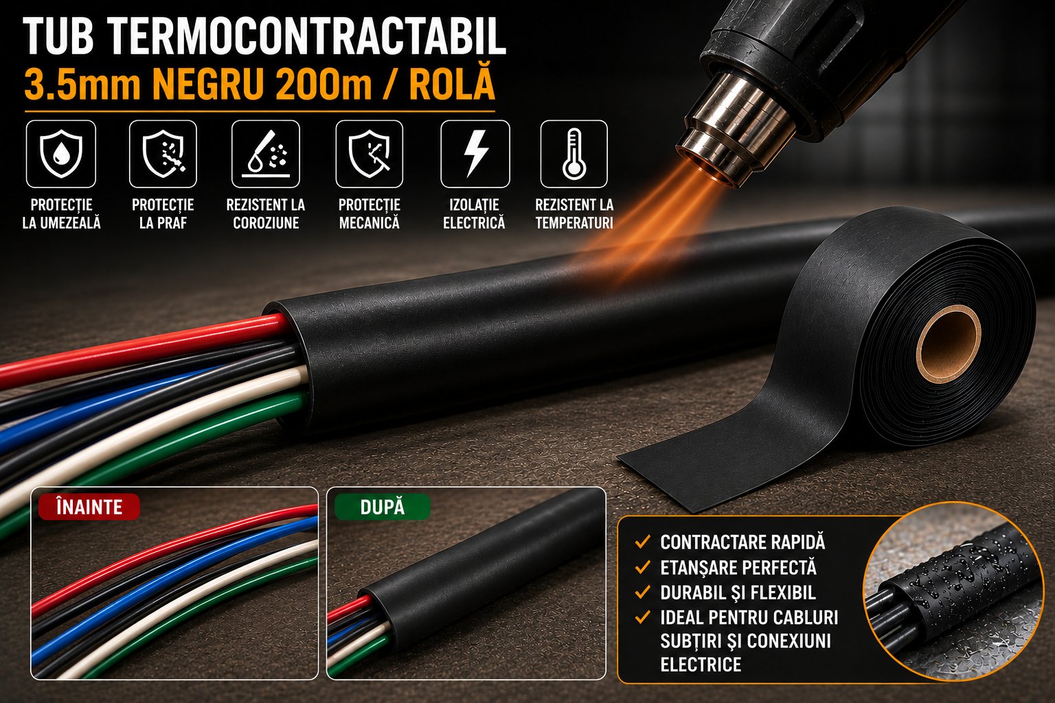 Tub termocontractabil aplicat pe cabluri electrice