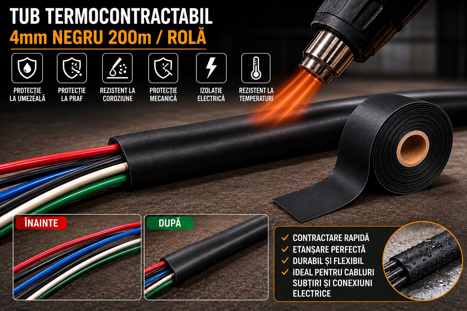 Tub termocontractabil aplicat pe cabluri electrice