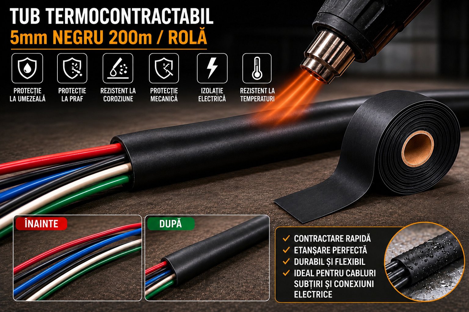 Tub termocontractabil aplicat pe cabluri electrice