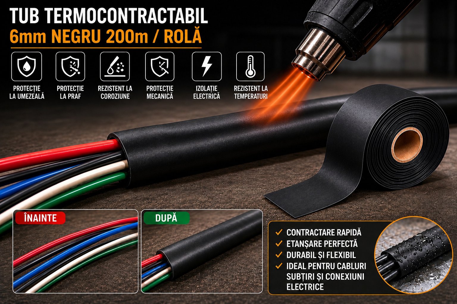 Tub termocontractabil aplicat pe cabluri electrice