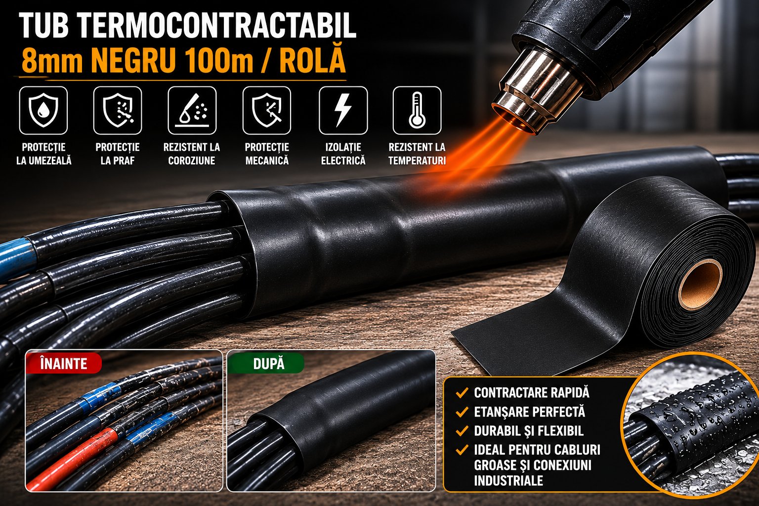 Tub termocontractabil aplicat pe cabluri electrice