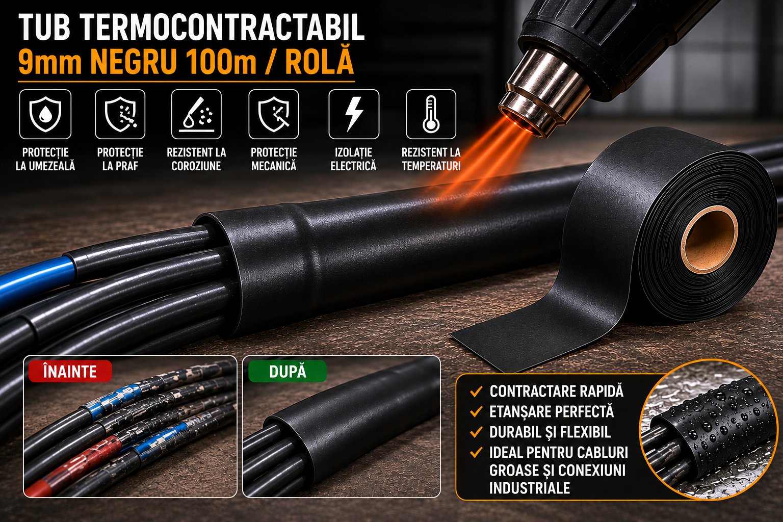 Tub termocontractabil aplicat pe cabluri electrice