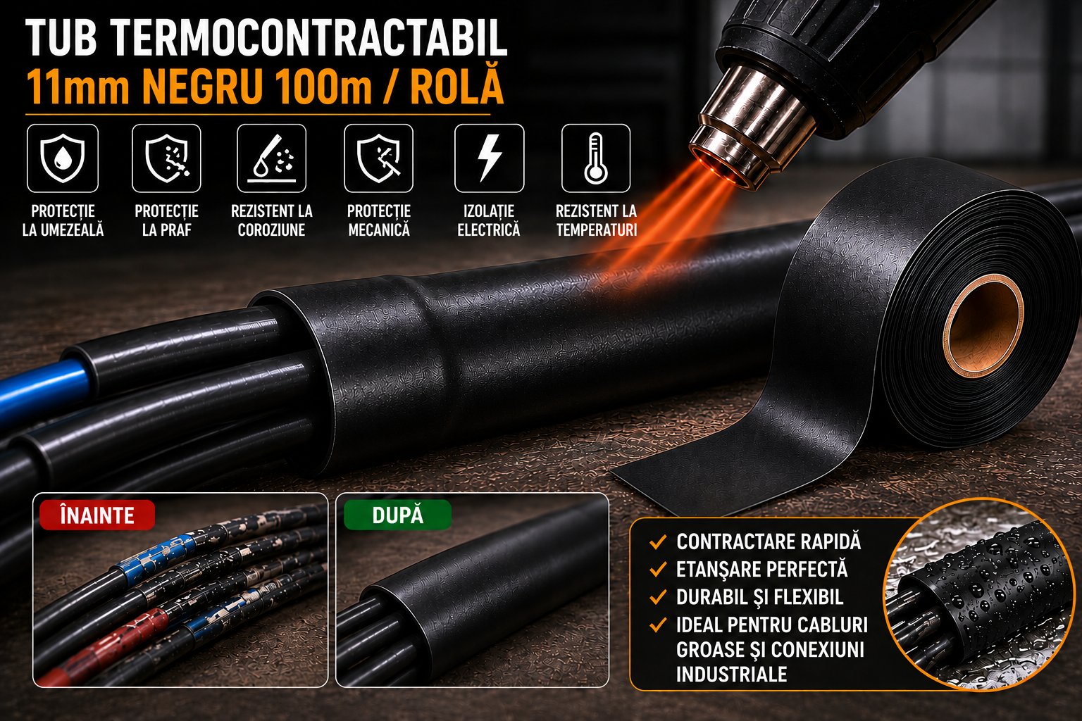 Tub termocontractabil aplicat pe cabluri electrice