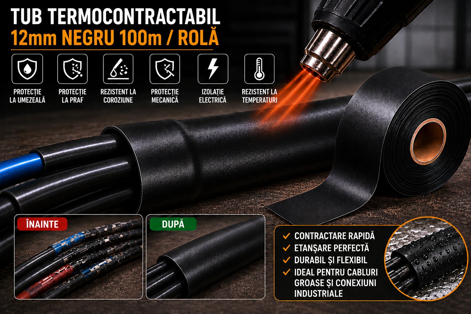Tub termocontractabil aplicat pe cabluri electrice