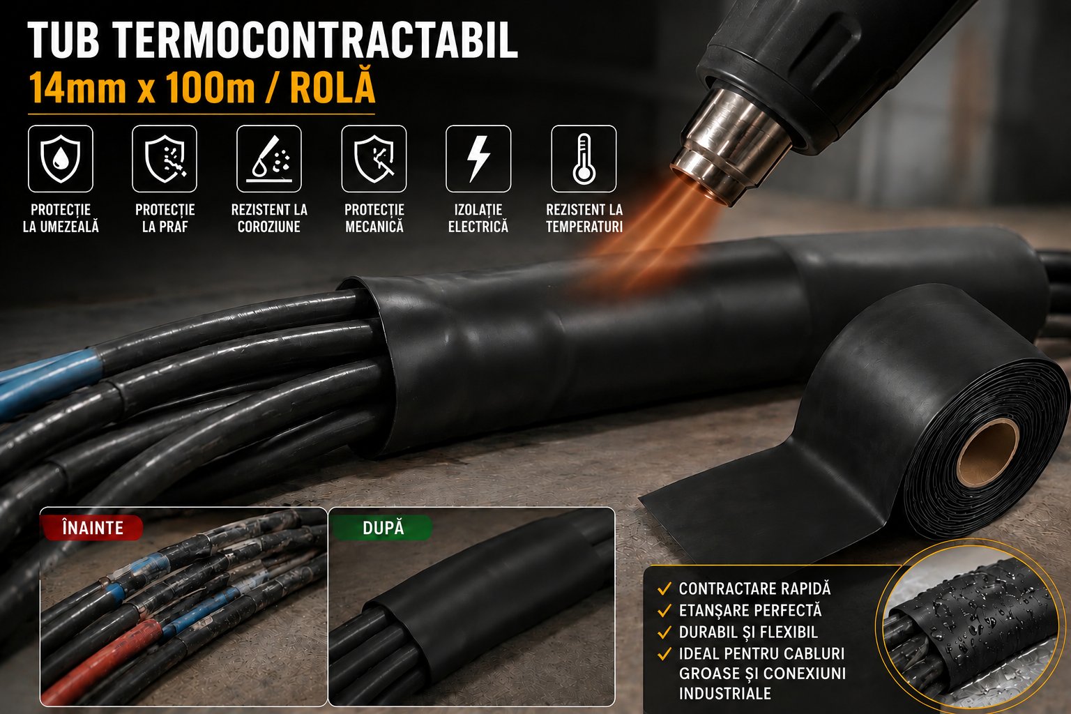 Tub termocontractabil aplicat pe cabluri electrice