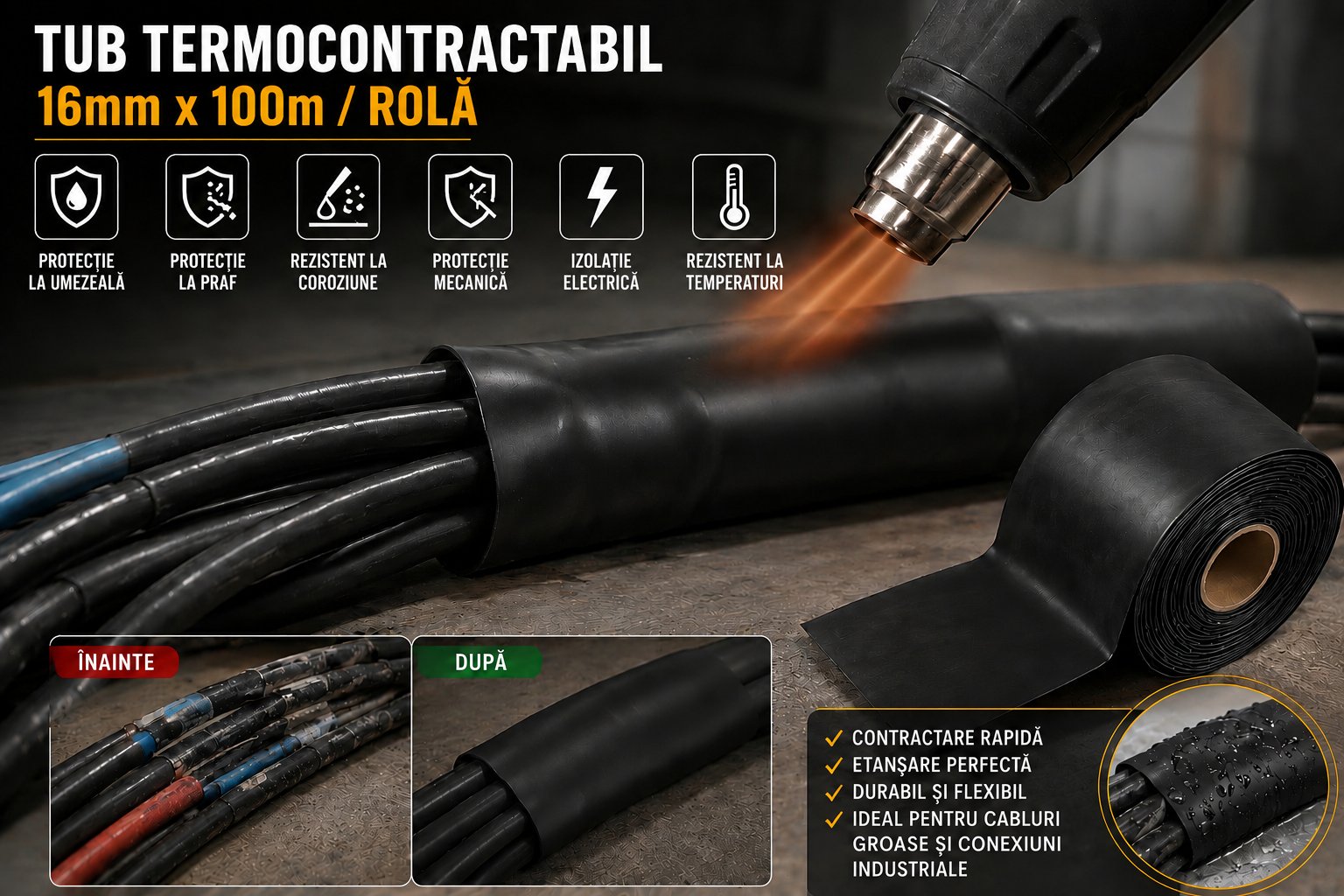 Tub termocontractabil aplicat pe cabluri electrice