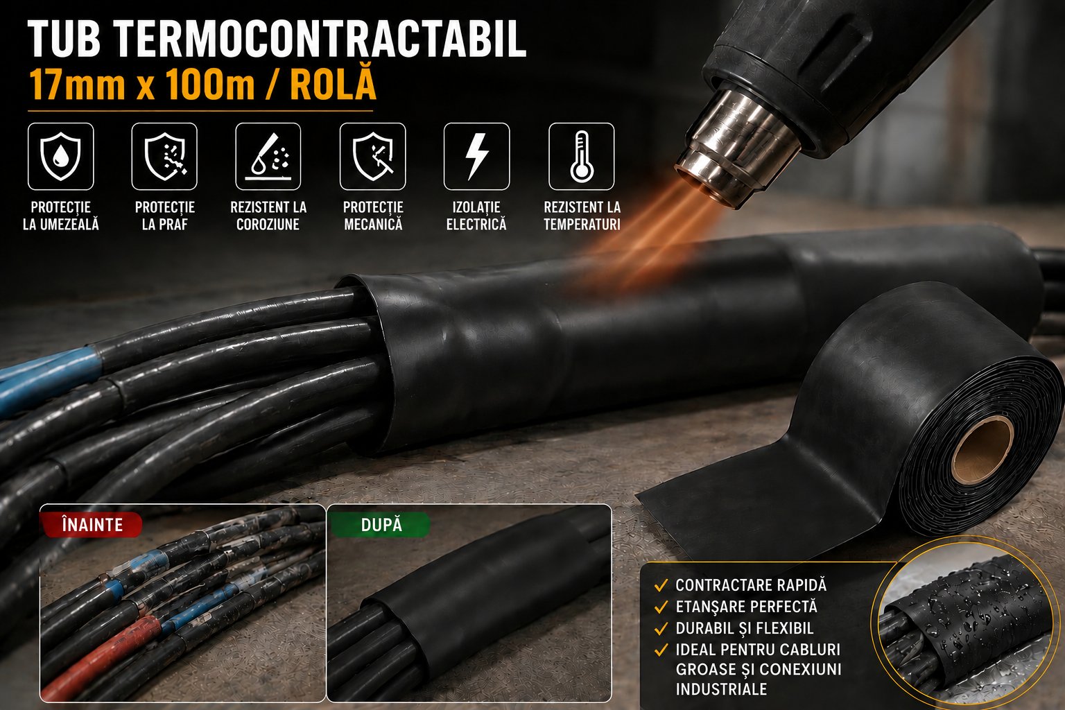 Tub termocontractabil aplicat pe cabluri electrice