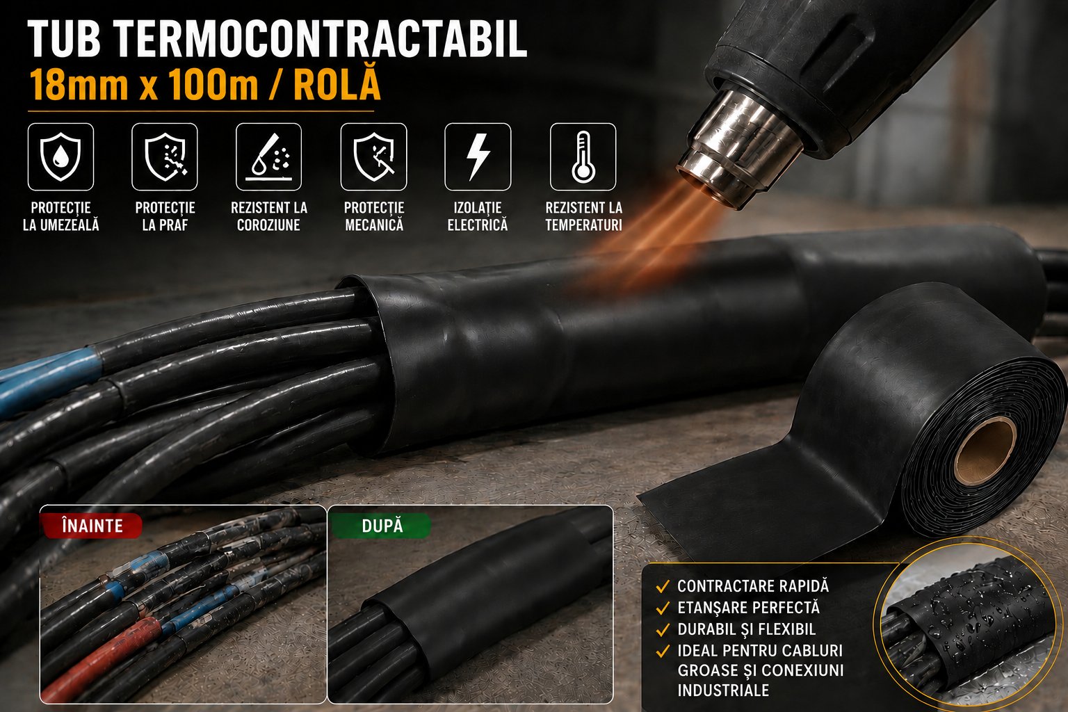 Tub termocontractabil aplicat pe cabluri electrice