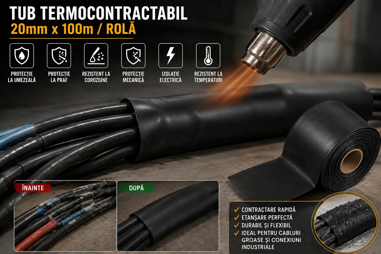 Tub termocontractabil aplicat pe cabluri electrice