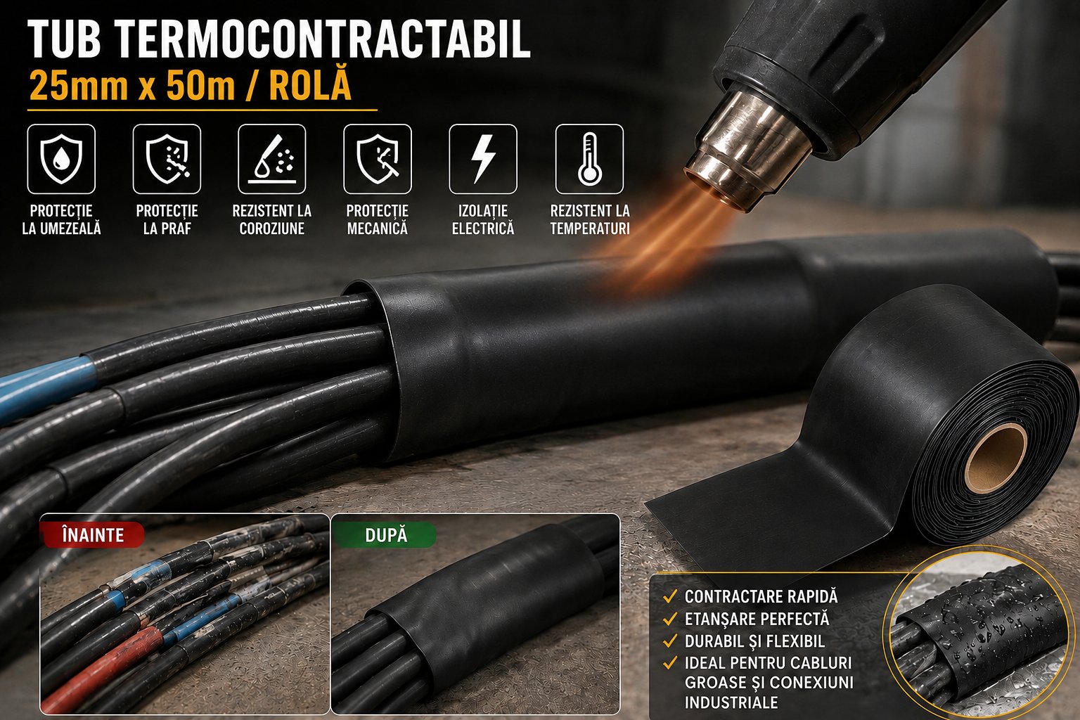 Tub termocontractabil aplicat pe cabluri electrice