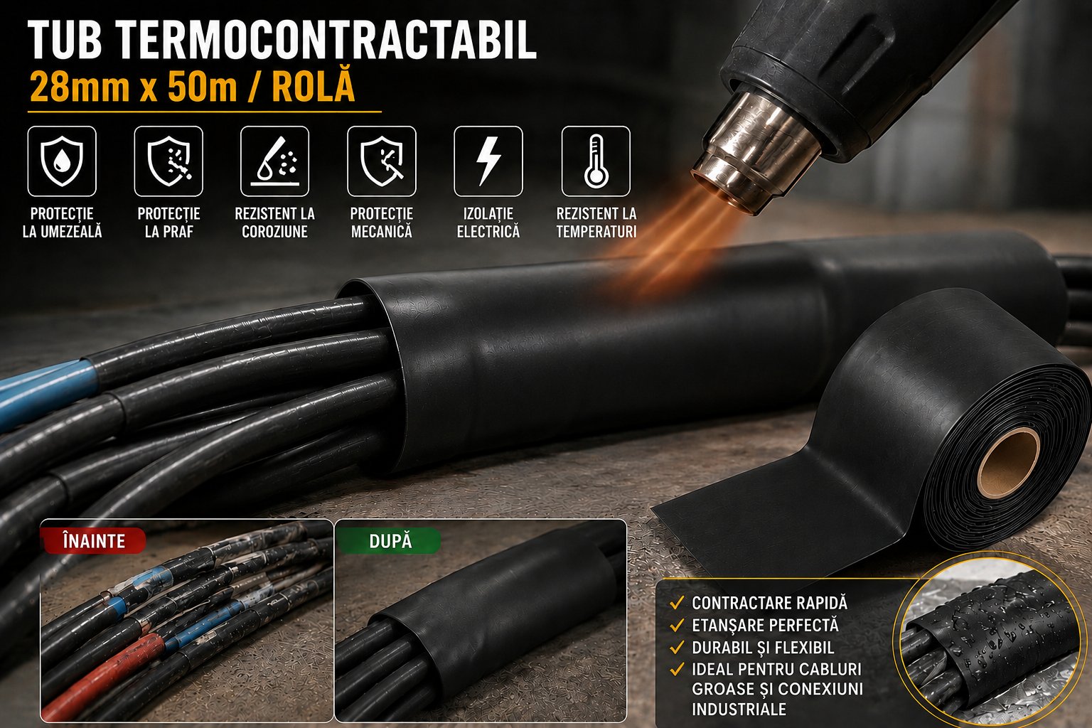 Tub termocontractabil aplicat pe cabluri electrice