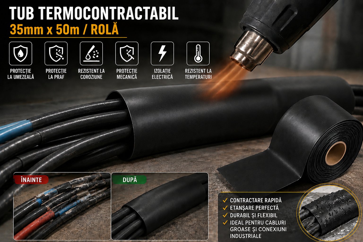 Tub termocontractabil aplicat pe cabluri electrice