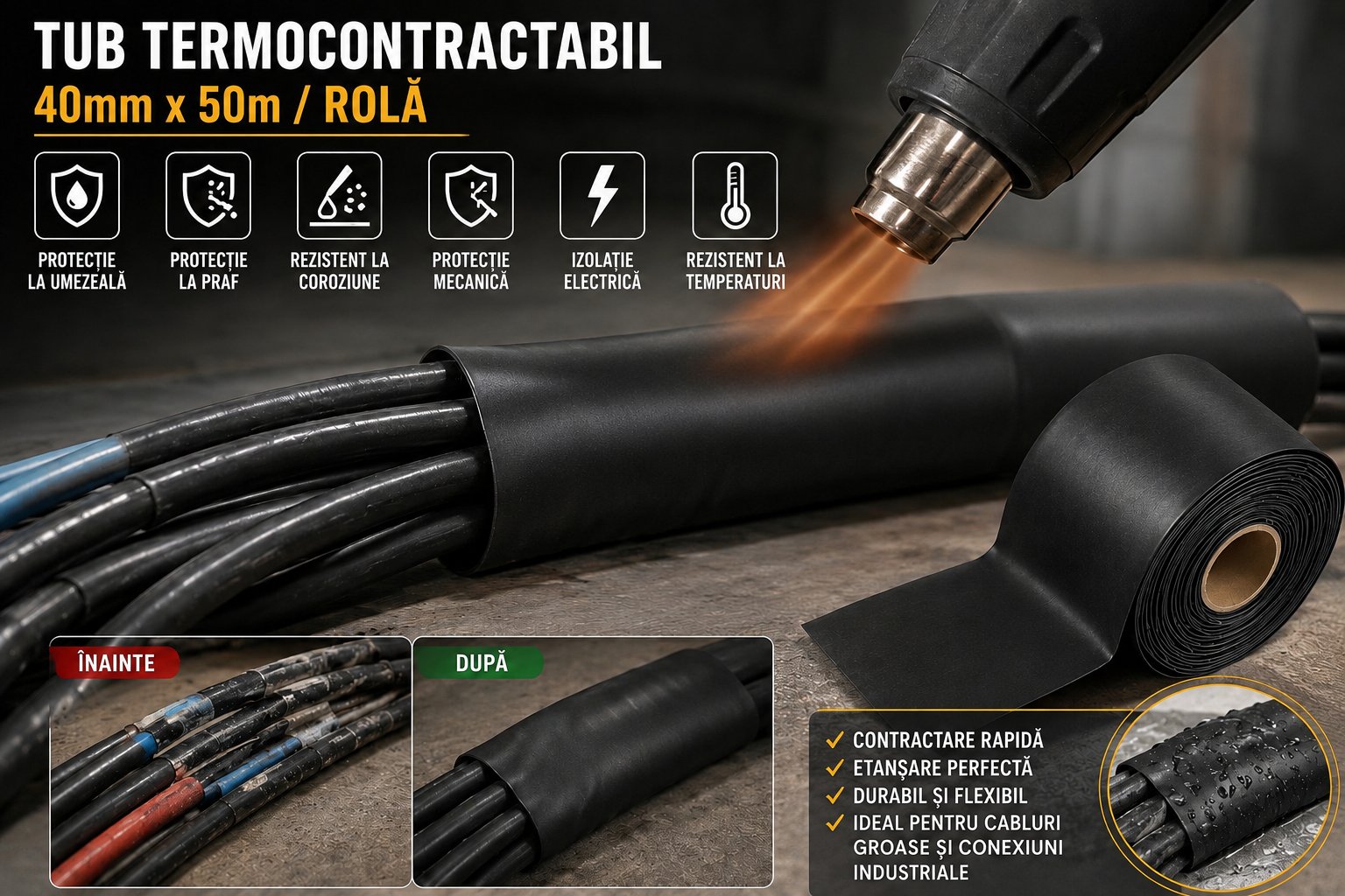 Tub termocontractabil aplicat pe cabluri electrice