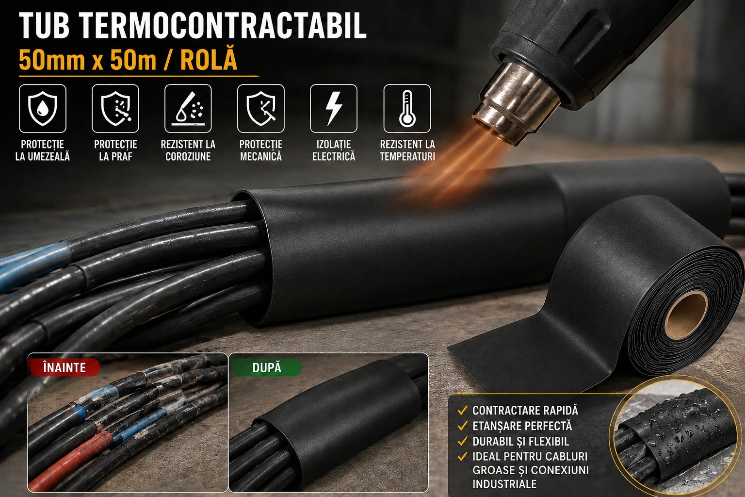 Tub termocontractabil aplicat pe cabluri electrice