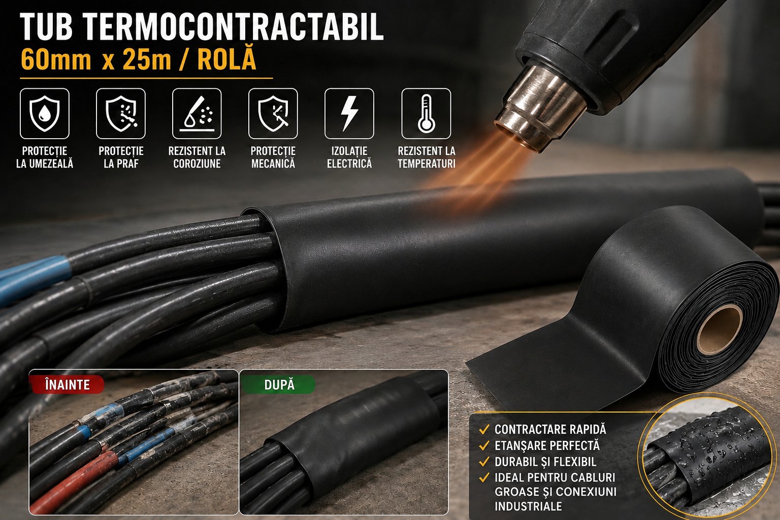 Tub termocontractabil aplicat pe cabluri electrice