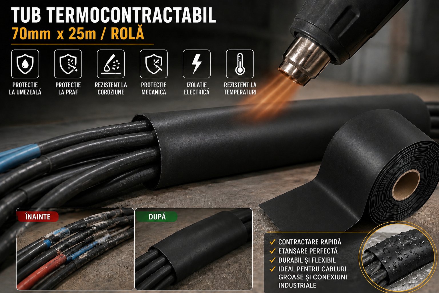Tub termocontractabil aplicat pe cabluri electrice