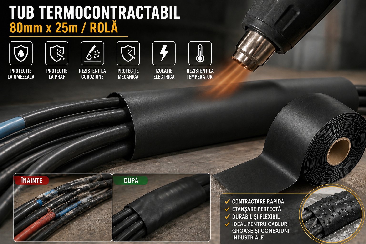 Tub termocontractabil aplicat pe cabluri electrice