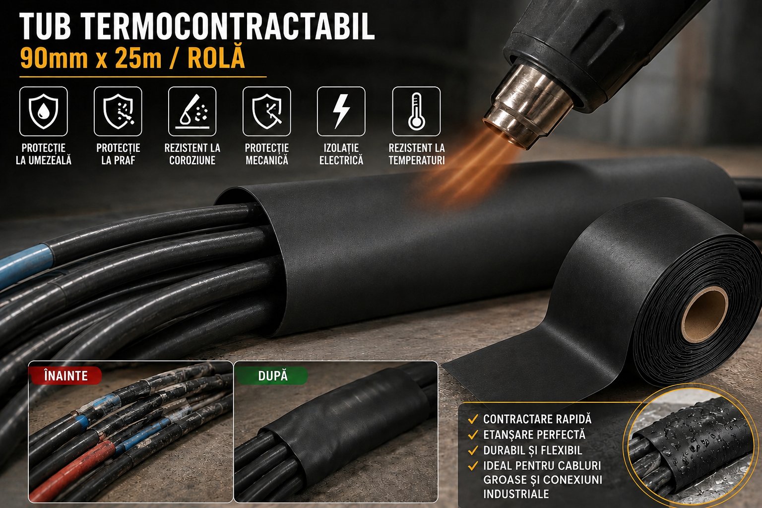 Tub termocontractabil aplicat pe cabluri electrice