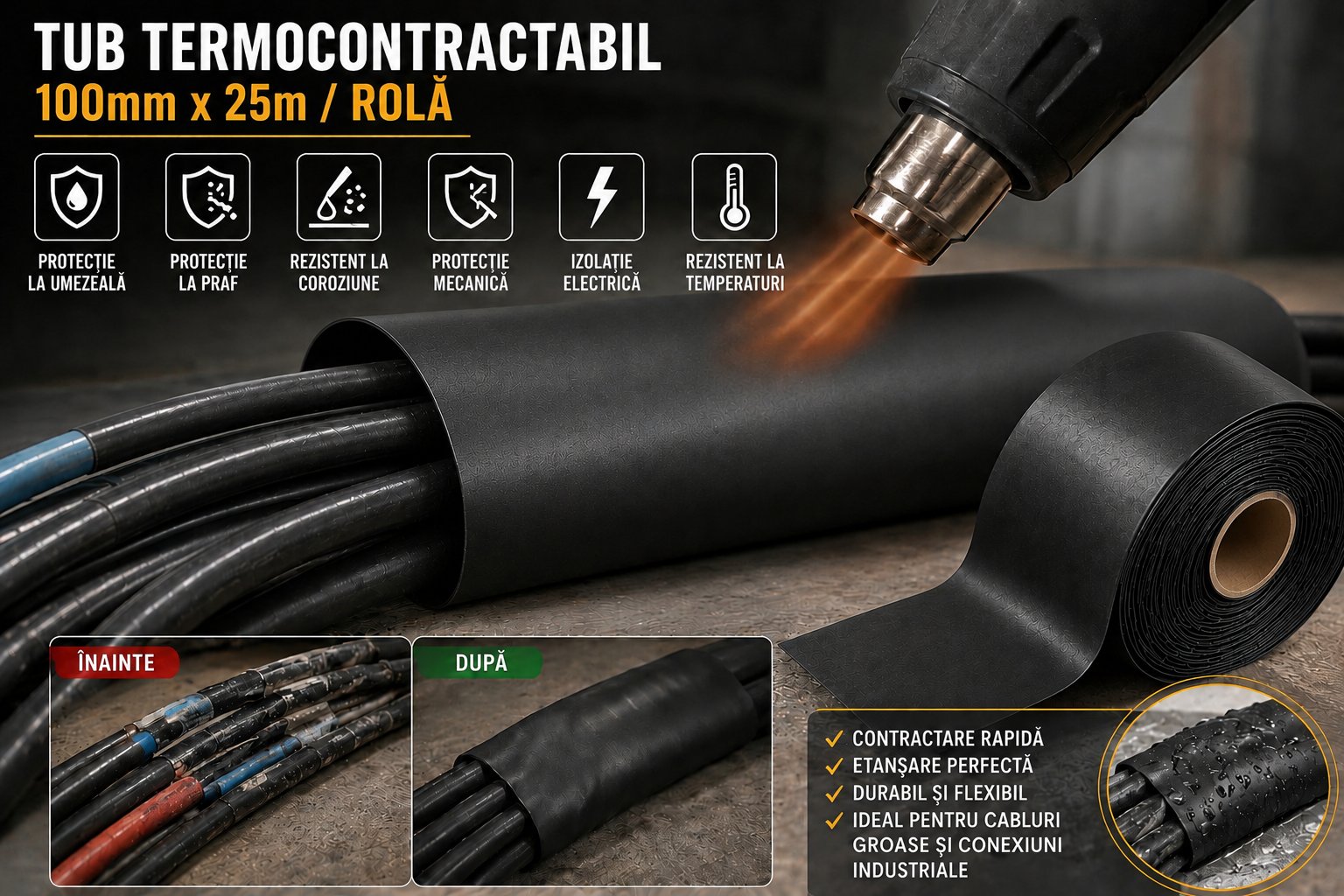 Tub termocontractabil aplicat pe cabluri electrice
