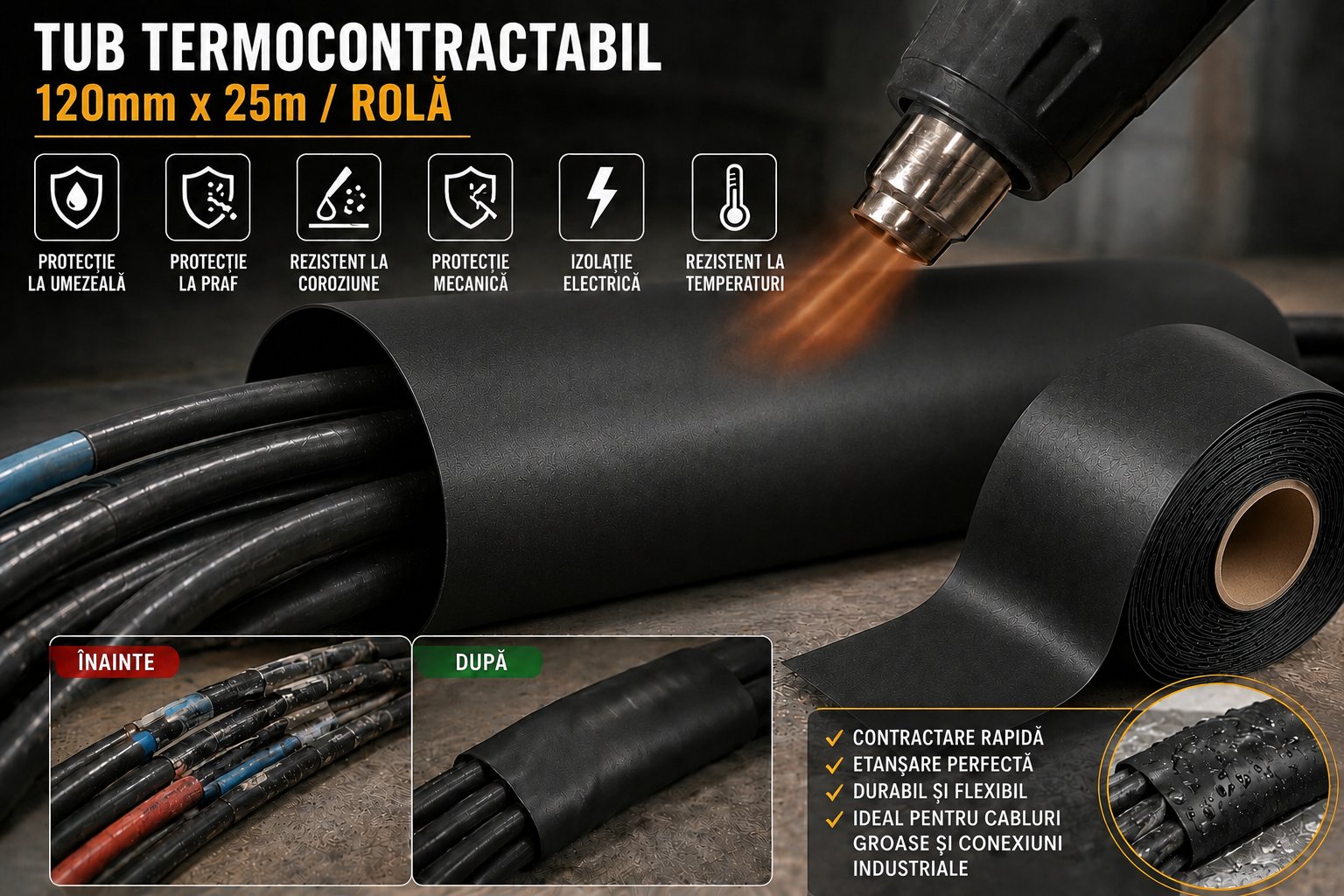 Tub termocontractabil aplicat pe cabluri electrice