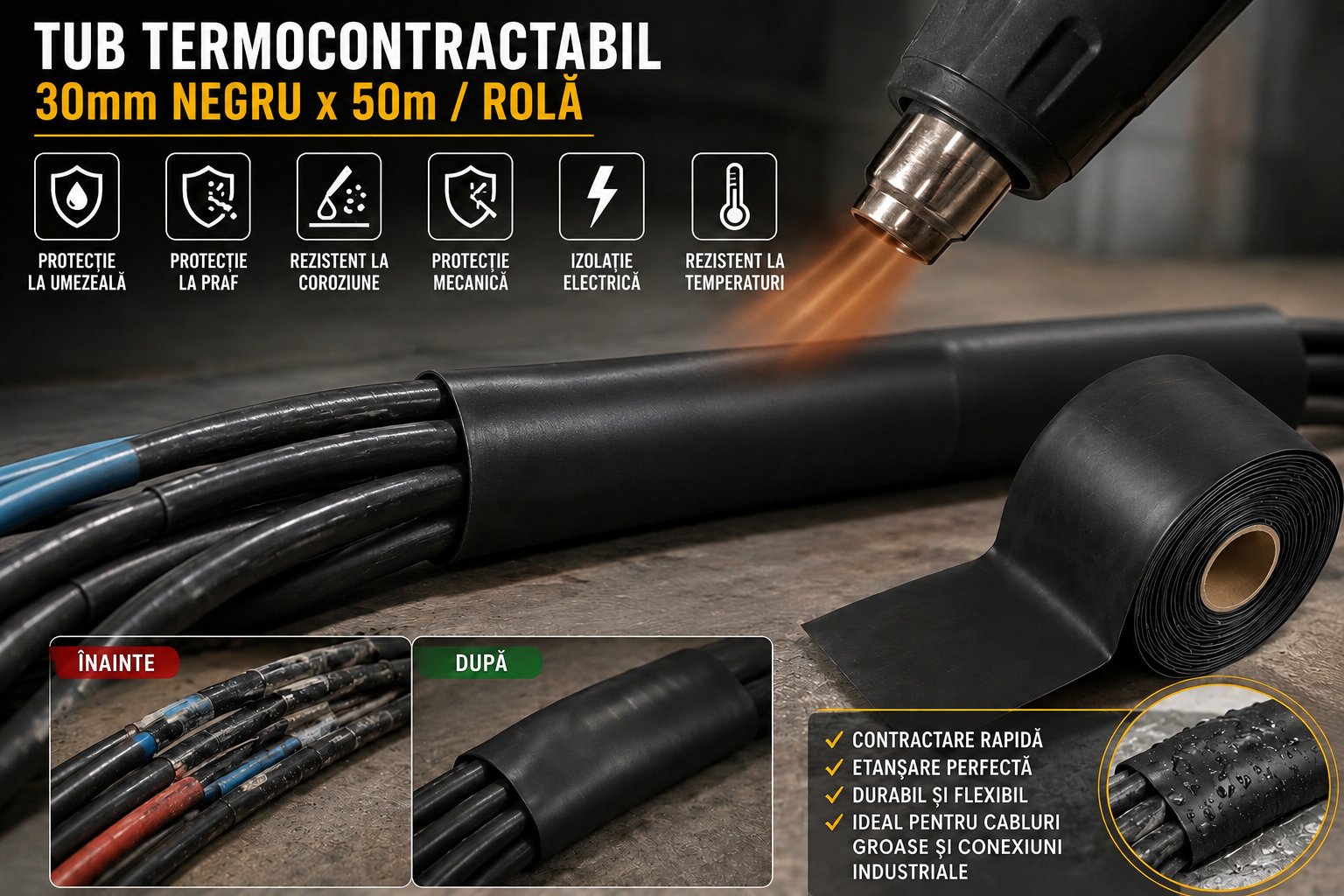 Tub termocontractabil aplicat pe cabluri electrice