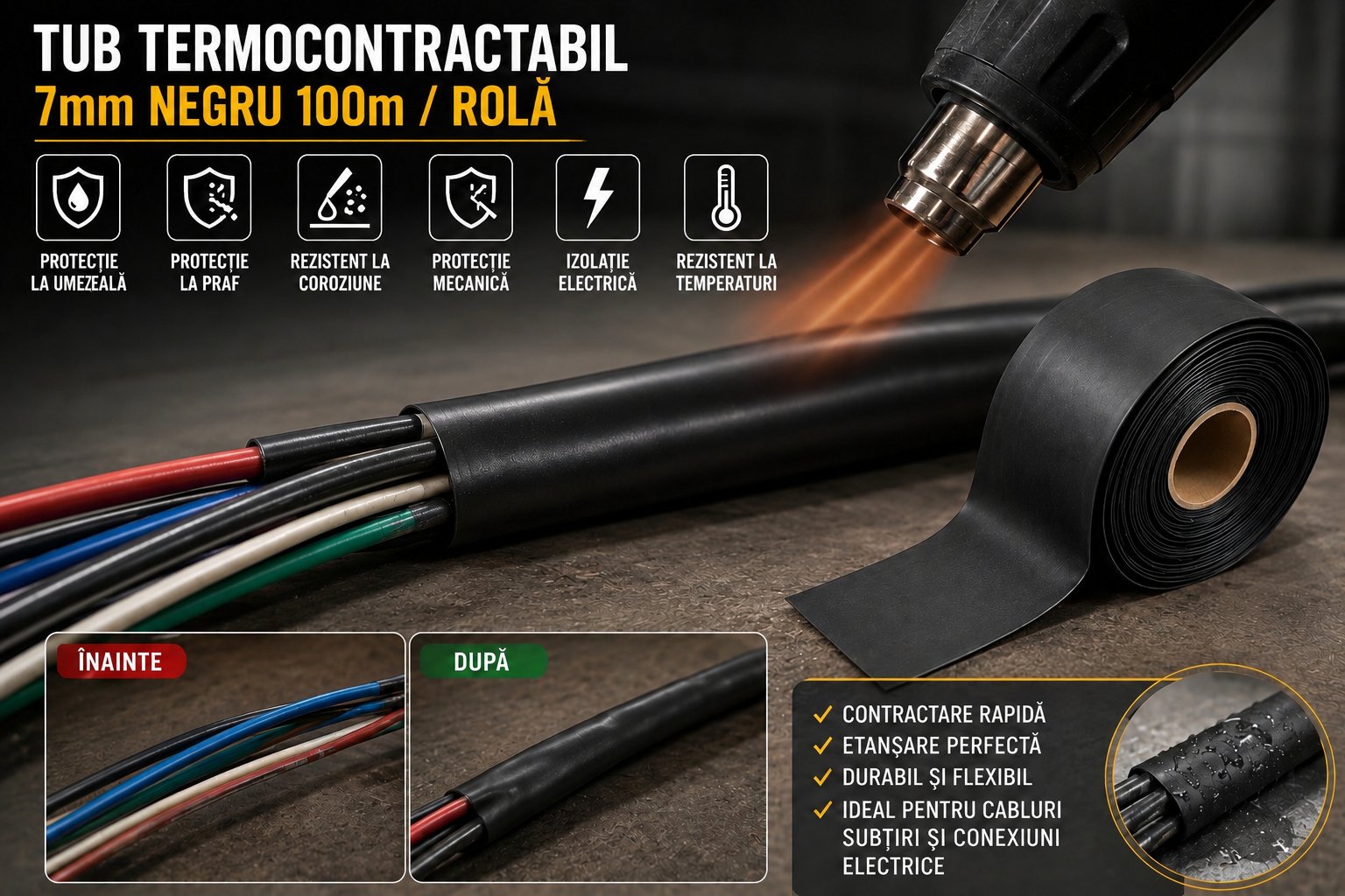 Tub termocontractabil aplicat pe cabluri electrice