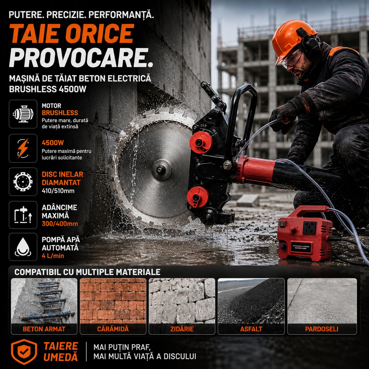 Masina de taiat beton electrica Brushless 4500W cu disc inelar diamantat 410/510mm
