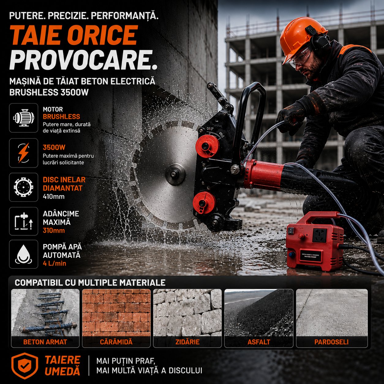 Masina de taiat beton electrica Brushless 4500W cu disc inelar diamantat 410/510mm