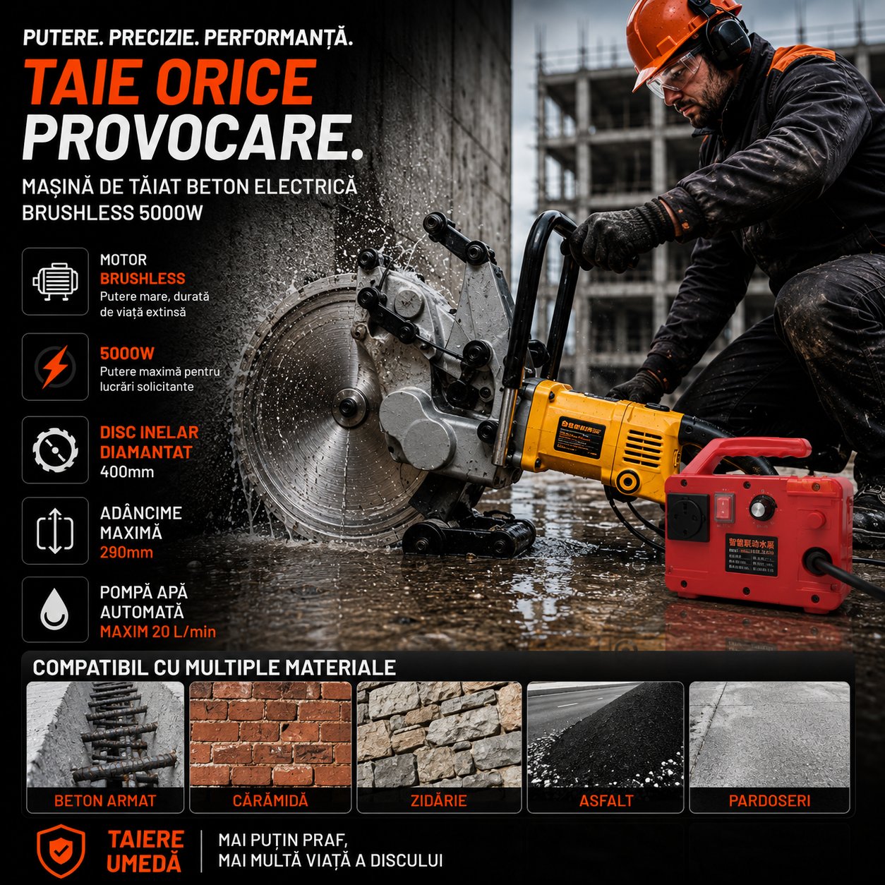 Masina de taiat beton electrica Brushless 4500W cu disc inelar diamantat 410/510mm