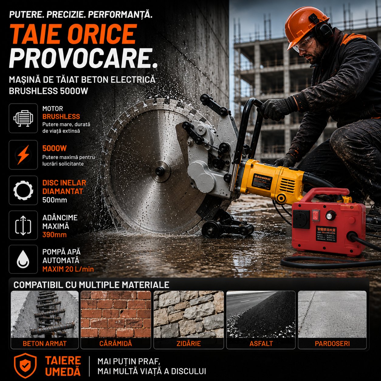 Masina de taiat beton electrica Brushless 4500W cu disc inelar diamantat 410/510mm