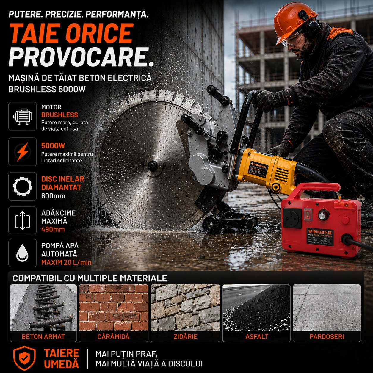 Masina de taiat beton electrica Brushless 4500W cu disc inelar diamantat 410/510mm