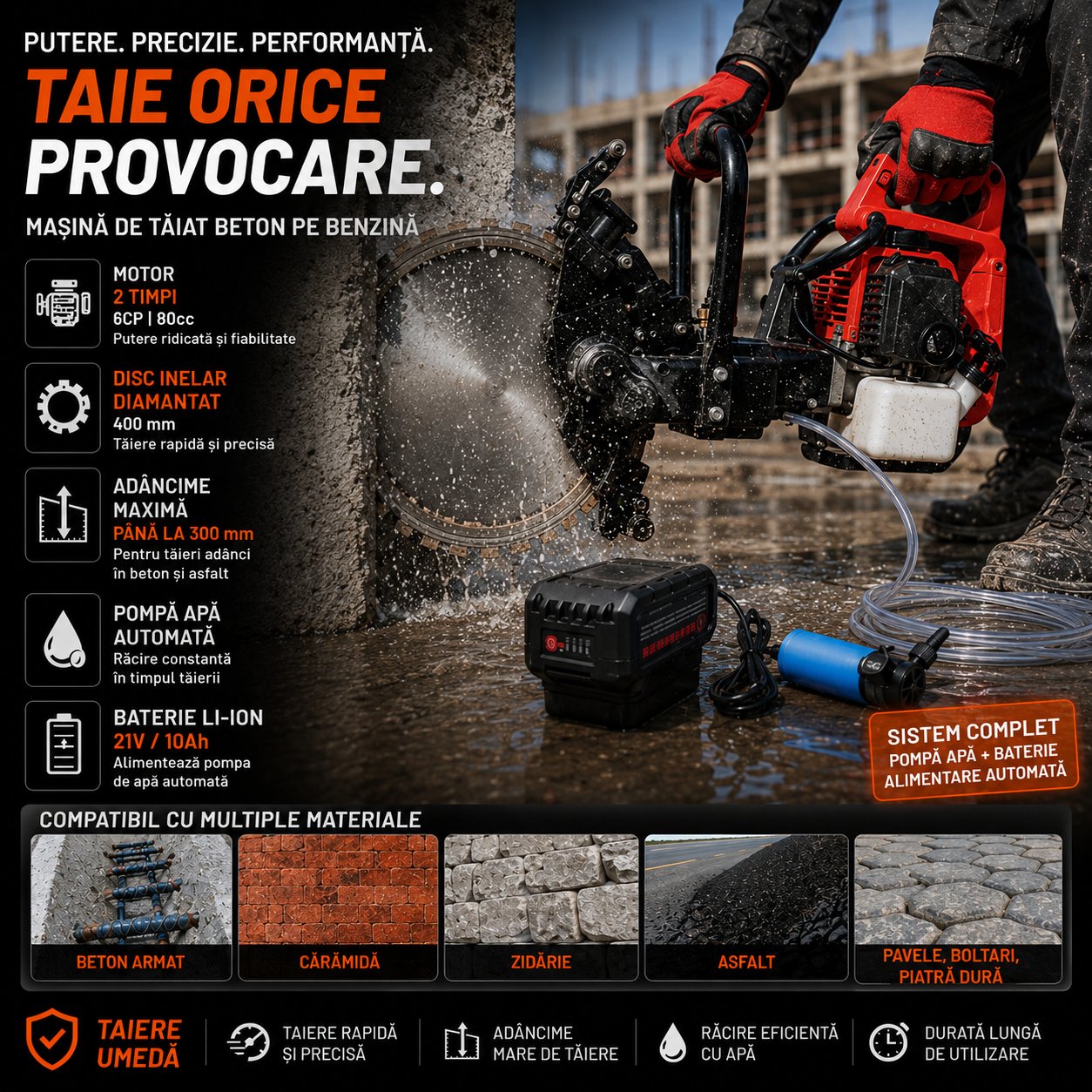 Masina de taiat beton pe benzina 80cc cu disc inelar diamantat 400mm