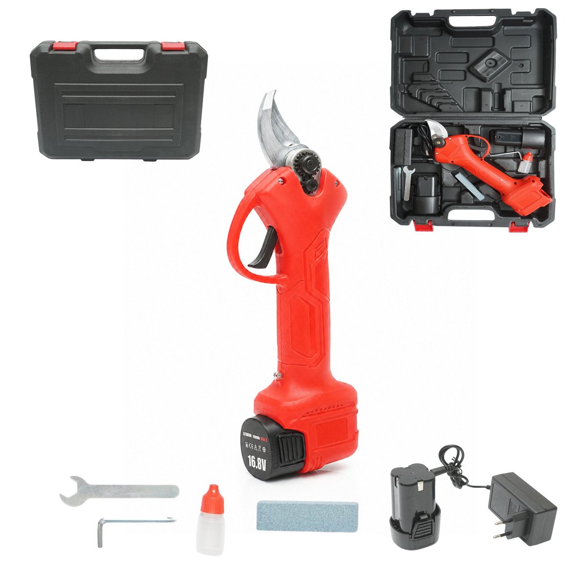 Foarfeca electrica de gradina cu 2 acumulatori 16.8V, 1.5 Ah Li-ion, diametru taiere 0-28mm