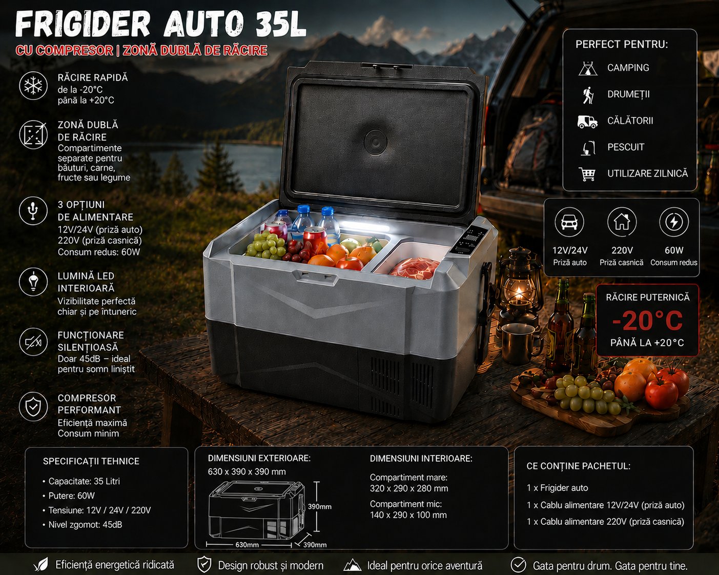 Frigider auto smart 35L cu compresor 12V-24V-220V, 60W, Bluetooth, zona dubla de racire, afisaj LCD, USB