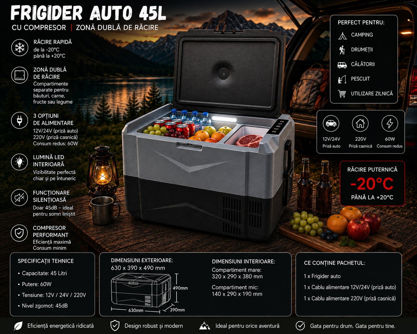 Frigider auto smart 35L cu compresor 12V-24V-220V, 60W, Bluetooth, zona dubla de racire, afisaj LCD, USB