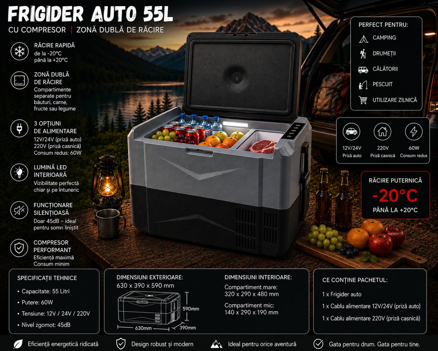Frigider auto smart 35L cu compresor 12V-24V-220V, 60W, Bluetooth, zona dubla de racire, afisaj LCD, USB
