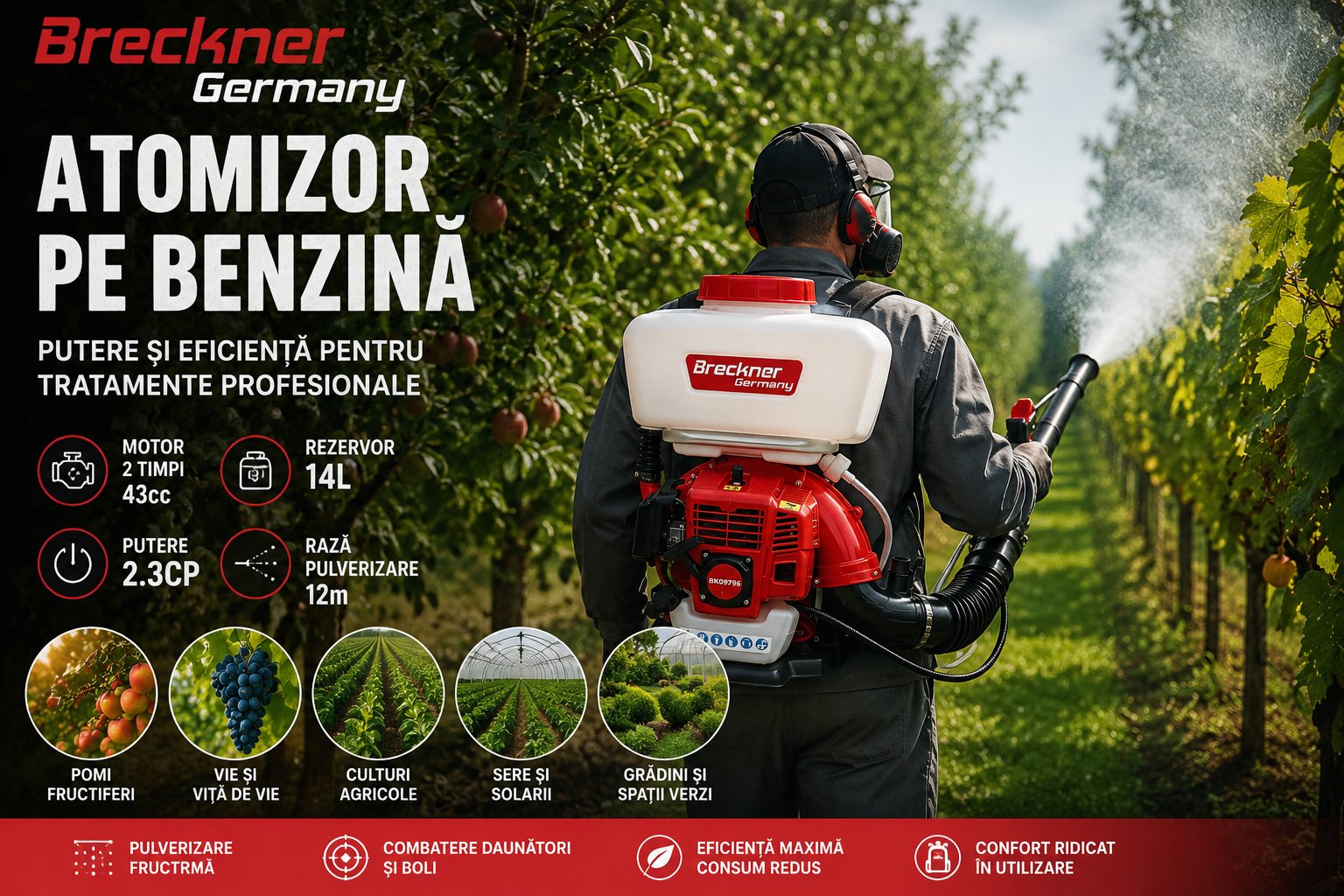 Atomizor pe benzina 14L, motor 2 timpi 2.3CP, 43cc, Breckner Germany