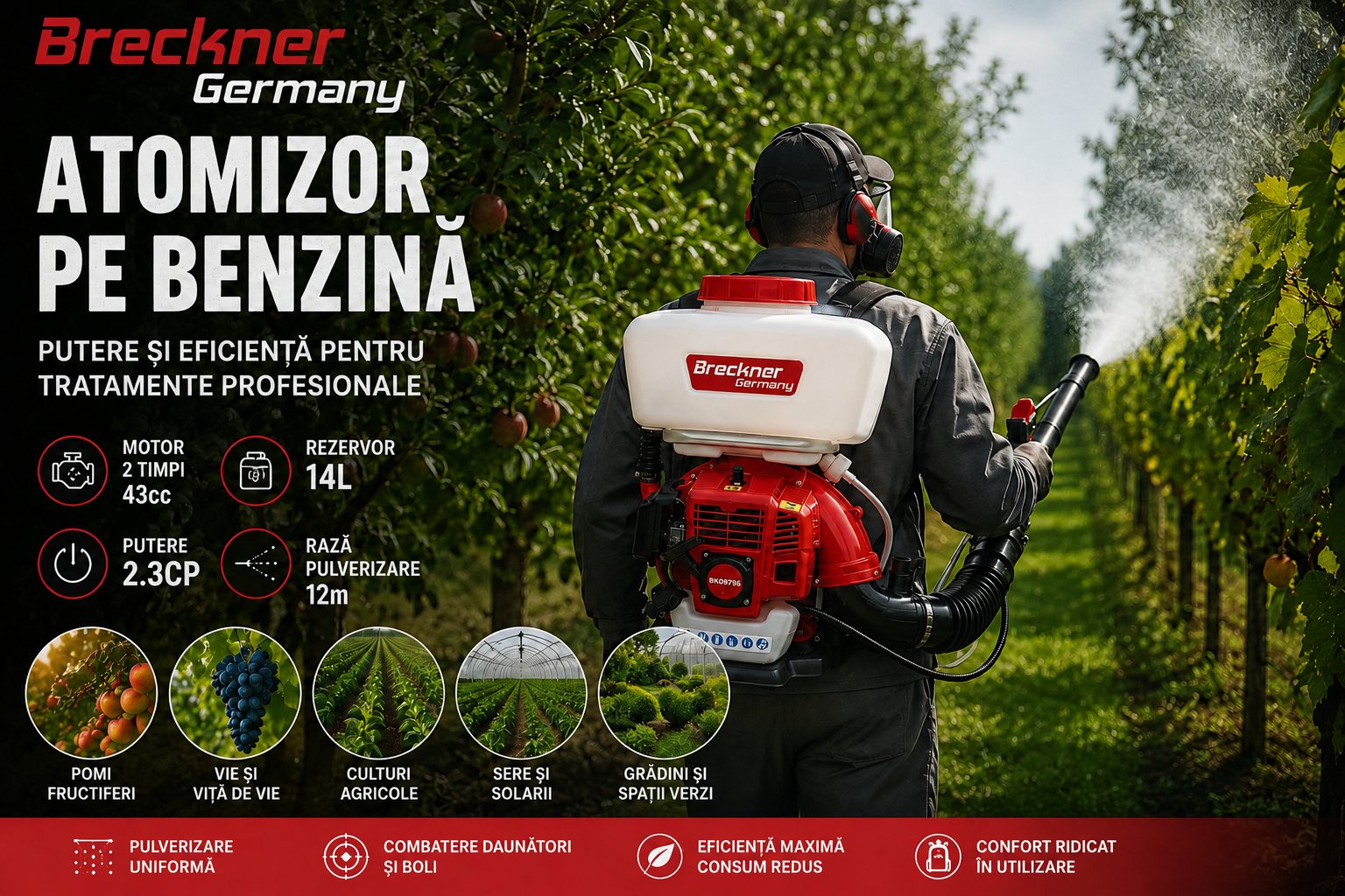 Atomizor pe benzina 14L, motor 2 timpi 2.3CP, 43cc, Breckner Germany