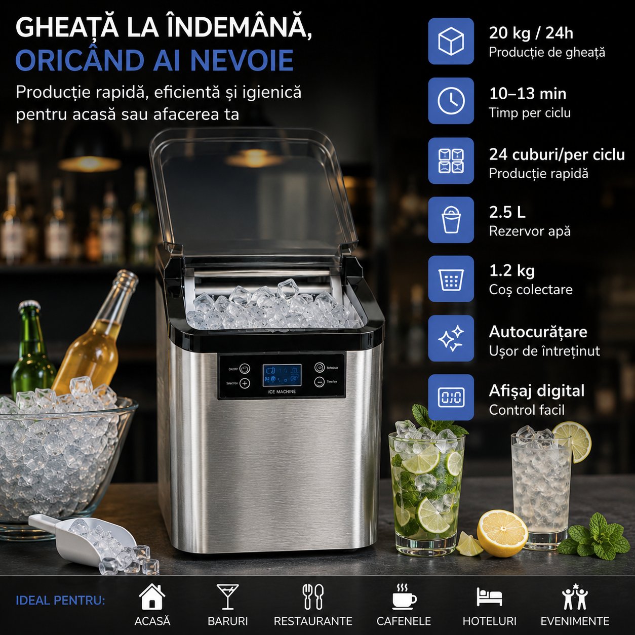 Aparat de facut cuburi de gheata inox 20 kg/24h, rezervor apa 2.5L, cos colectare 1.2kg, autocuratare, afisaj digital