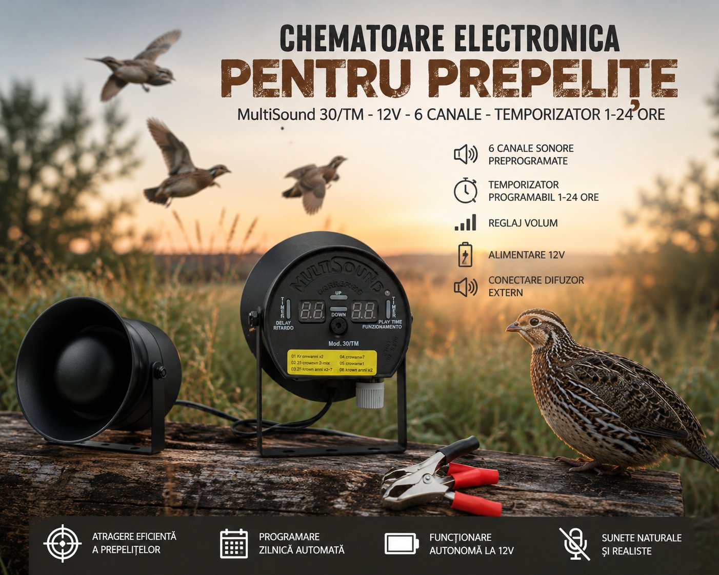 Chematoare prepelita electronica 12V MultiSound 30/TM, 6 canale, temporizator programabil 1-24 ore