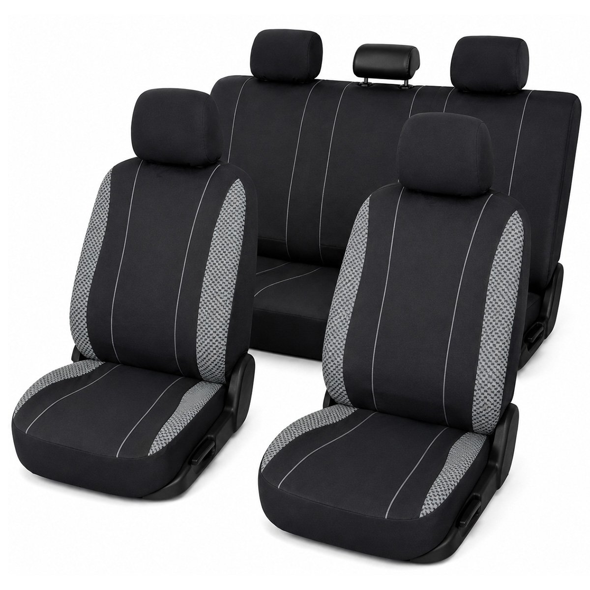 Set huse scaune auto universale gri-negru, material textil, 9 piese