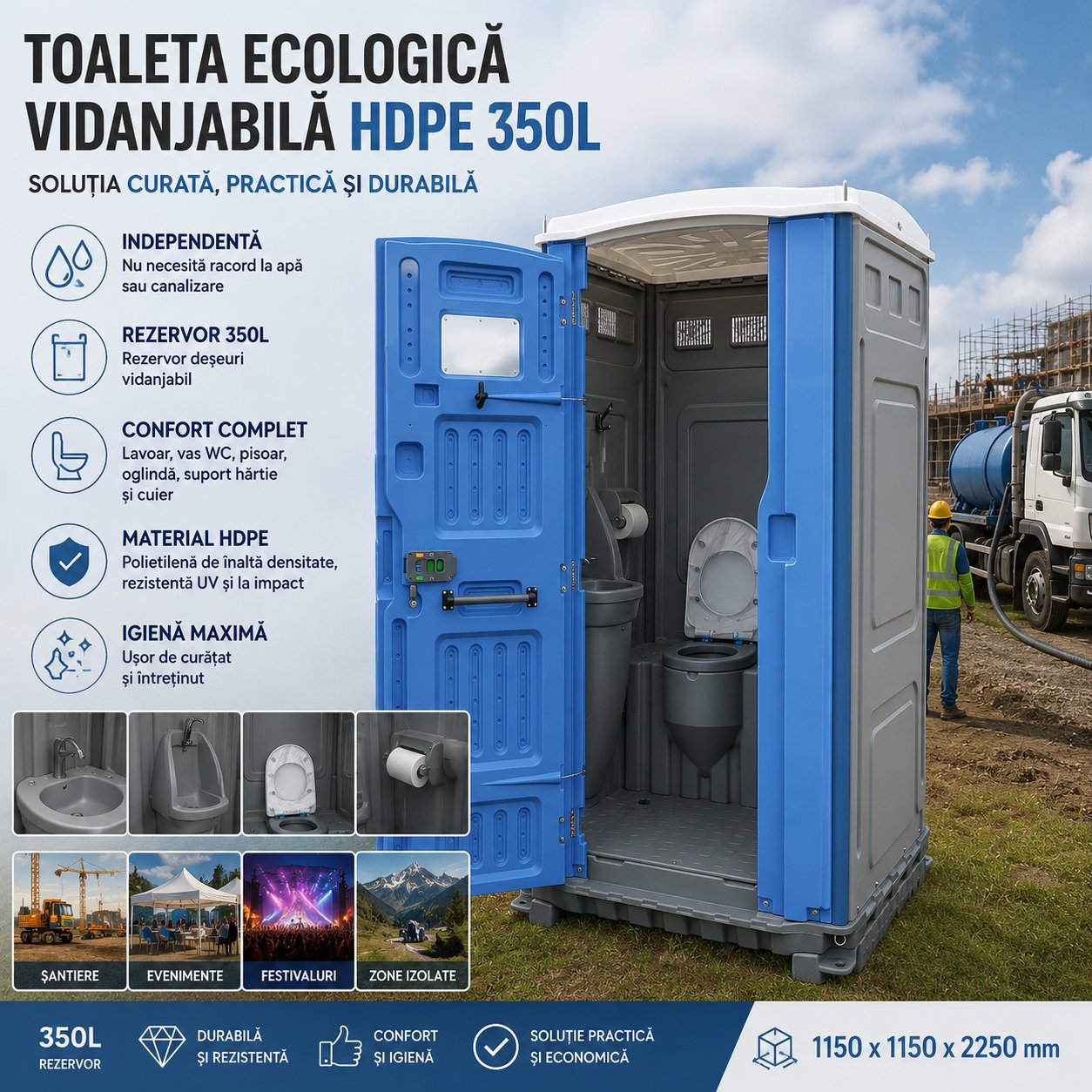 Toaleta ecologica vidanjabila HDPE 350L cu lavoar, pisoar, oglinda, suport hartie si cuier