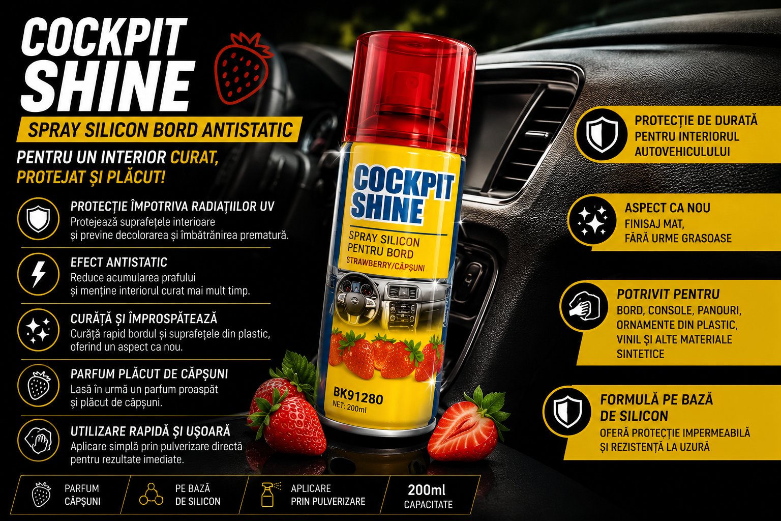 Spray silicon pentru bord parfum capsuni 200ml Breckner Germany BK91280