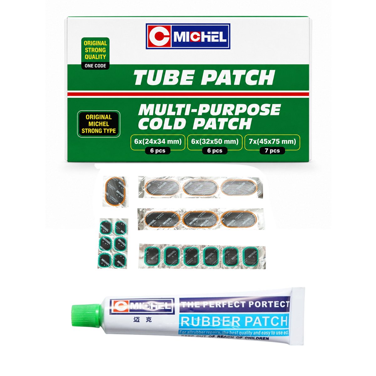 Set 19 petice vulcanizare dreptunghiulare 24x34mm, 6x32mm, 32x50mm, 45x75mm + 1 tub adeziv 20ml pentru camere de aer Michel