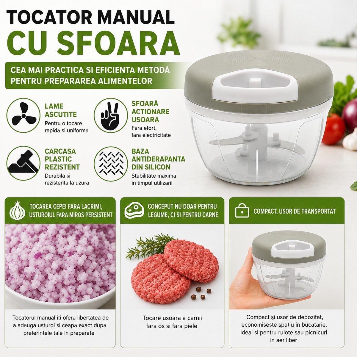Tocator manual de legume cu sfoara, 3 lame inox, capacitate 500ml – imagine 6