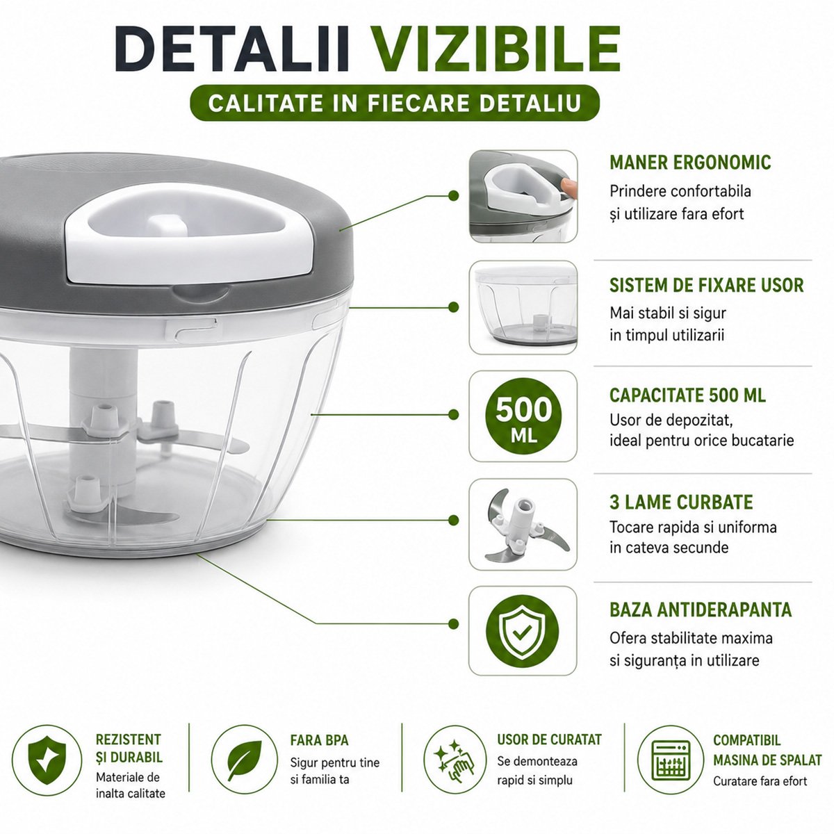 Tocator manual de legume cu sfoara, 3 lame inox, capacitate 500ml – imagine 7