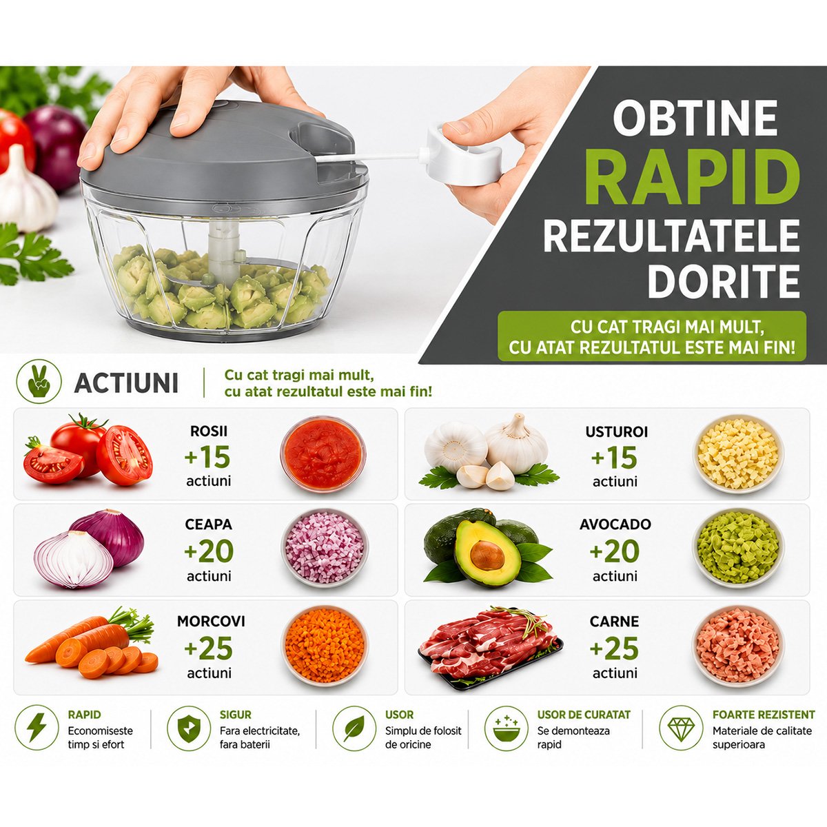 Tocator manual de legume cu sfoara, 3 lame inox, capacitate 500ml – imagine 8